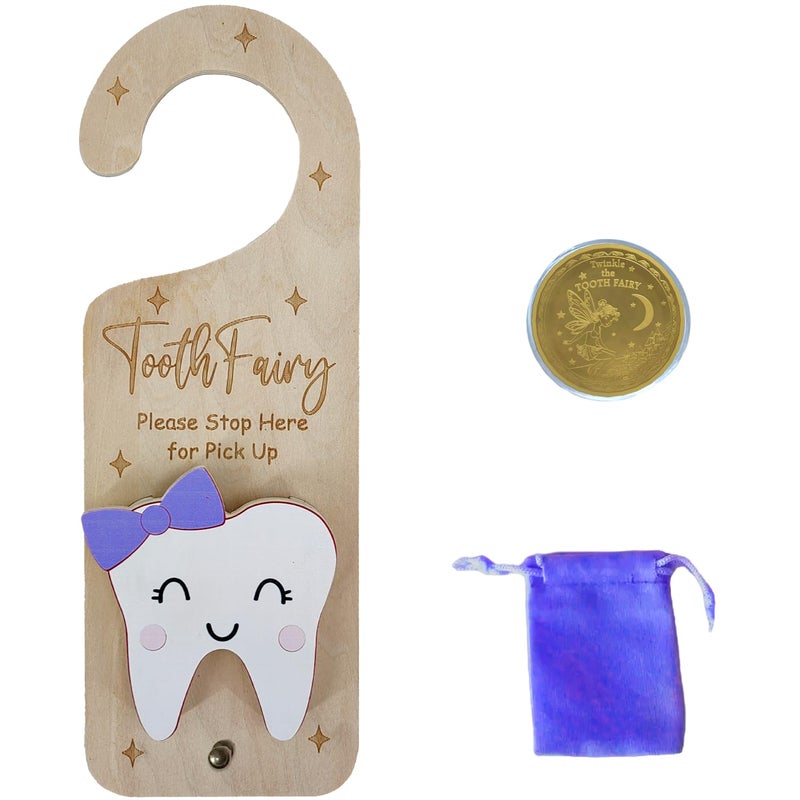 PAMBO Tooth Fairy Door Hanger, Wooden Tooth Fairy Money Holder with Tooth Coins for Lost Tooth Kids Gifts (Purple) - Image 1